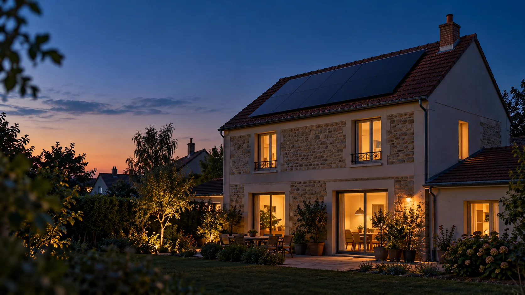 Illustration d’ambiance : maison francilienne à l’heure bleue, fenêtres éclairées et panneaux en toiture