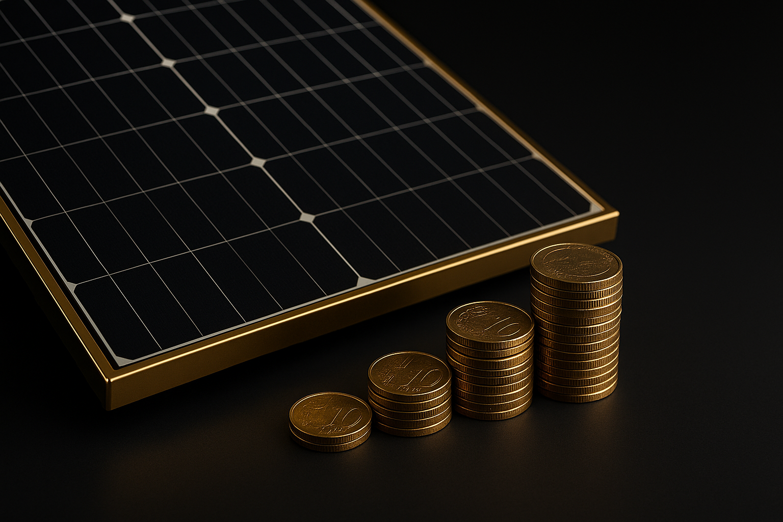 Panneaux solaires noirs premium et symboles d’aides financières (pièces dorées)
