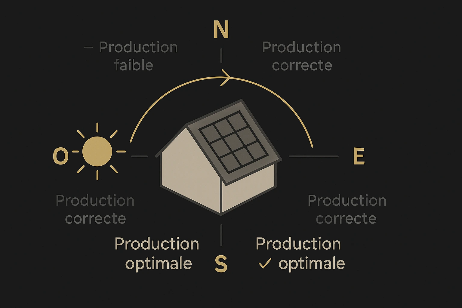 Schéma d’orientation des toitures et impact général sur la production